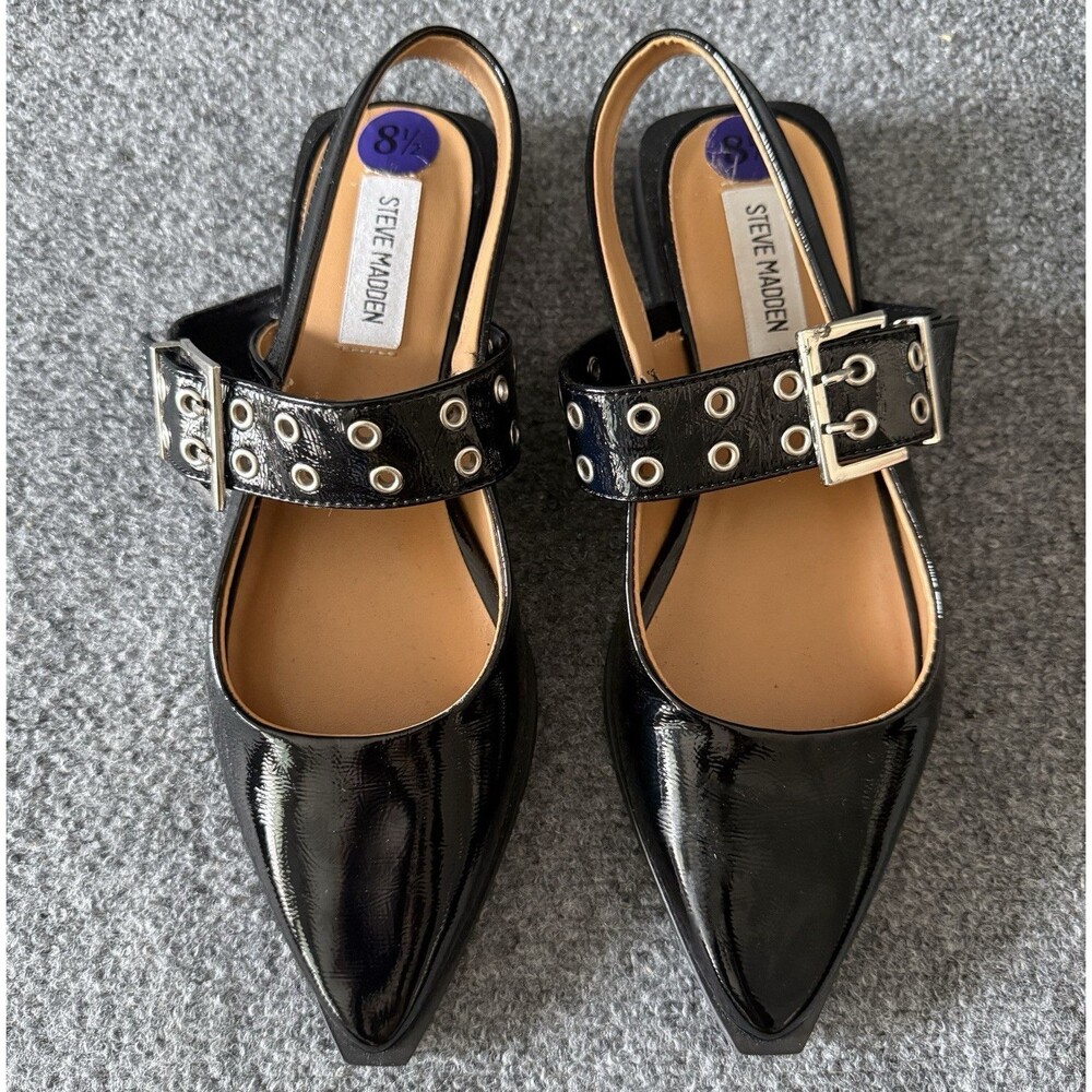 Steve Madden Patent Leather Slingback Flat Buckle Eyelet Pointed Toe 8.5 Black